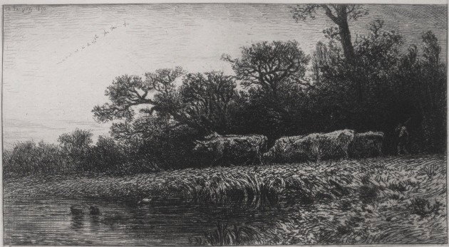 Charles Emile Jacque 2 etchings: Charles Emile Jacque- ''L'Escalier'' and ''Paysage, Soir''- 2 etchings, 2nd etching from the 3rd edition of Philip Gilbert Hamerton's ''Etching and Etchers'', edition of 1000. 7 1/8 x 5 1/2''; 4 3/4 x