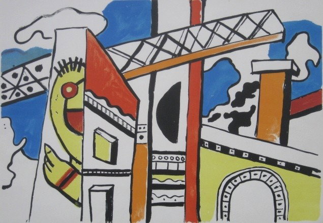 Ferdinand Leger silkscreen: Ferdinand Leger- Cityscape with Bridge- silkscreen in colors, numbered 26/180 in pencil, stamped signature, very good condition. 17 x 24''