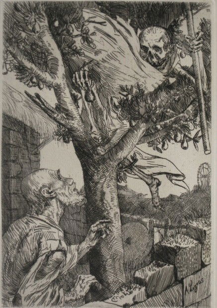 Alphonse Legros etching: Alphonse Legros- ''La Legende du Bonhomme Misere''- etching, from the 3rd edition of Philip Gilbert Hamerton's ''Etching and Etchers'', edition of 1000. 9 1/16 x 6 1/16''