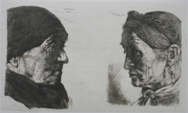 Wilhelm Leibl etching: Wilhelm Leibl- Two Heads of Peasant Women- etching on chine colle, staining and mat burn along margins. 3 1/2 x 6''