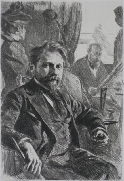 Henry Wolf etching: Henry Wolf- ''Bildnis Dr. S - Im Cafe''- etching on chine colle. 9 3/8 x 6 1/4''
