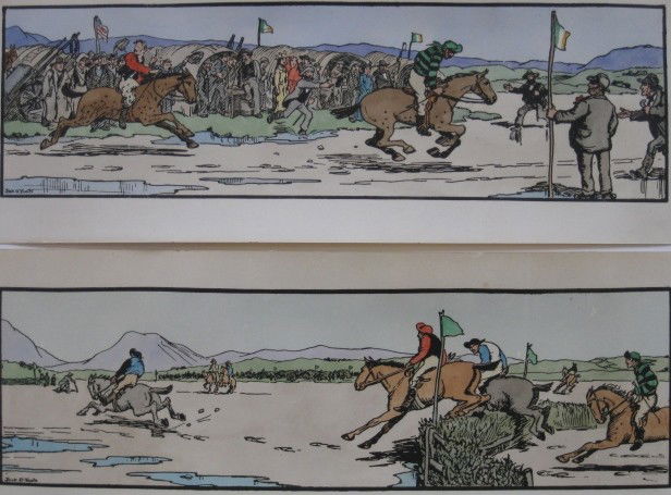 Jack Yeats 2 woodcuts: Jack Yeats- ''The Steeple Chase''- 2 woodcuts with hand-coloring, tear in margin, does not go into image. 5 x 16 3/4''ea.