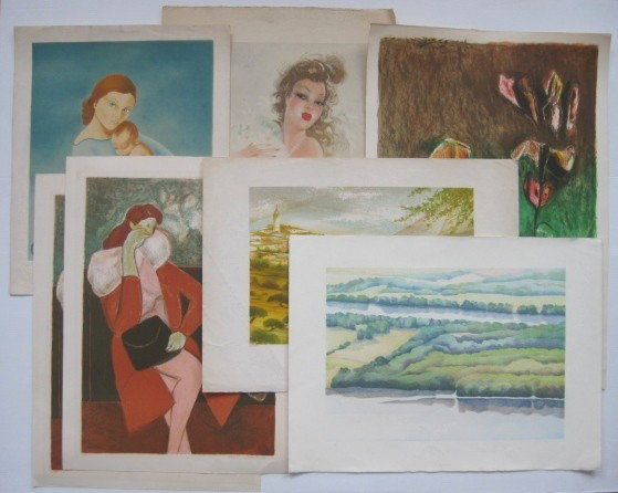 6 Contemporary prints and a French print: 6 Contemporary prints and a French print- including Howard Bamback, rest illegible, fair to good condition, various sizes.