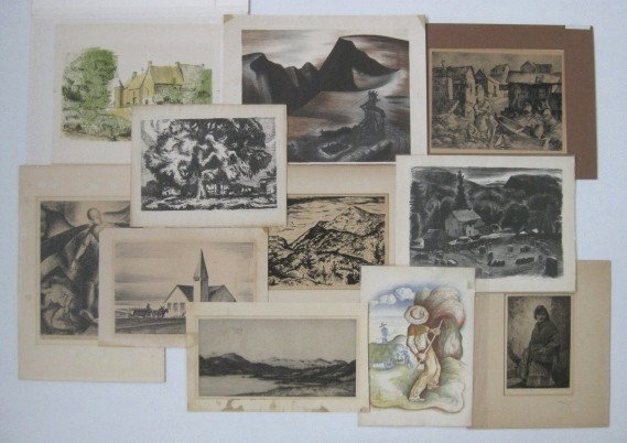 11 Prints: 11 Prints- Paul Weller- ''Coal Country''- lithograph; Sam Thal- Family Group- etching; Lewis Daniel- Landscape- etching; Daniel Murphy- Graveyard- lithograph; John Wilkinson- Loch- etching; Eugene Kin