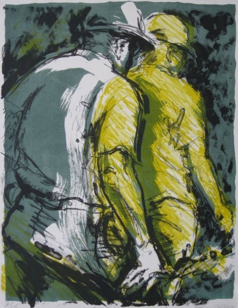 Betsy Adler lithograph: Betsy Adler- ''Con Ed Man''- lithograph in colors, 1971, signed, titled and numbered 2/15 in pencil, inscribed in top margin 'Happy Birthday, Lou, my friend, here on your 90th- Love, Betsy', good cond