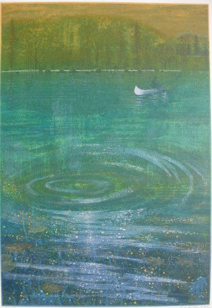 Robert Burkert lithograph: Robert Burkert- ''Canoe''- lithograph in colors, signed, titled and numbered 4/100 in pencil, defined creases in margins, otherwise good condition. 31 1/2 x 21 5/8''