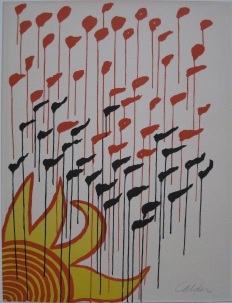 Alexander Calder lithograph: Alexander Calder- Sunrise- lithograph in colors, signed and annotated 'E. A.' in pencil, paper age atoned. 25 1/2 x 19 1/2''