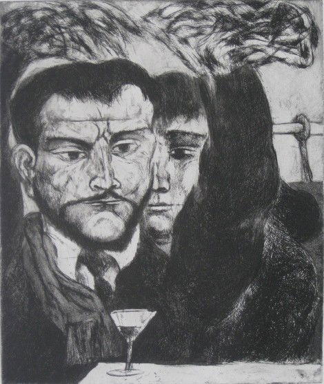 Federico Castellon aquatint: Federico Castellon- ''Les Deux A Deuk Magots'' (Freundlich 184)- aquatint, signed, titled and numbered 7/100 in pencil, very good condition. 10 7/8 x 9 1/8''