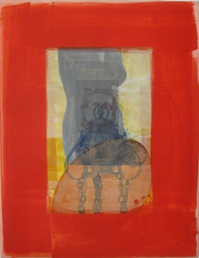 Michael David lithograph: Michael David- ''Georgia Series (Large) #1''- lithograph in 3 colors with woodcut and collage, 1991, signed, dated and titled in pencil, very good condition. 46 x 35''