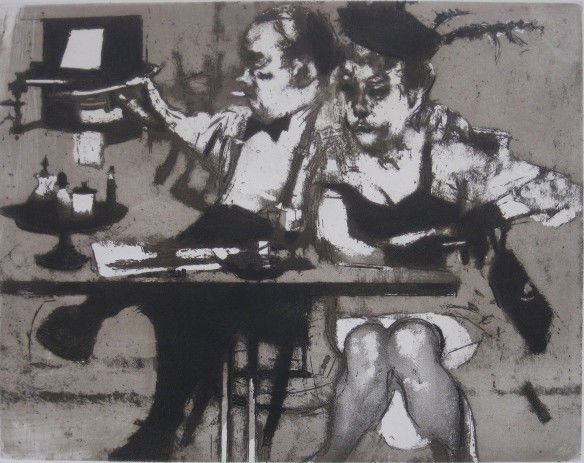 Jack Levine etching and aquatint: Jack Levine- Careless Love- etching and aquatint, signed, numbered 18/100 and inscribed 'To Dr. Schlaeger' in pencil, light struck, otherwise good condition. 17 1/4 x 22 1/8''