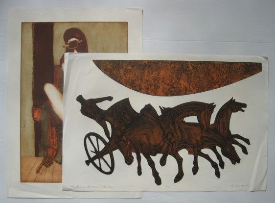 Dean Meeker 2 etchings: Dean Meeker- ''Striped Chair''; Phaethon and The Horse of The Sun- 2 etchings in colors, signed, titled and numbered 44/50 and 5/60, defined creases, not affecting image, otherwise good condition. 27