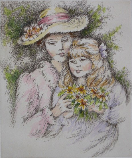 Karin Schaefers lithograph: Karin Schaefers- Mother and Child- lithograph with hand-coloring, signed and numbered 106/150 in pencil, very good condition. 10 1/4 x 8 5/8''
