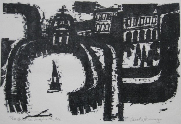 Carol Summers woodcut: Carol Summers- ''Vatican See From the Air''- woodcut, 1959, signed, titled and numbered in pencil, edition of 220, very good condition. 13 1/2 x 21''