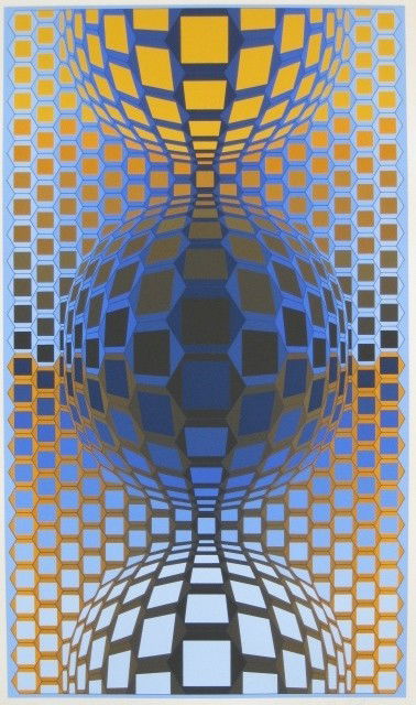 Victor Vasarely silkscreen: Victor Vasarely- ''Pilla''- silkscreen in colors, signed and numbered 49/150 in pencil, slightly light struck otherwise good condition. 24 x 13 3/4''