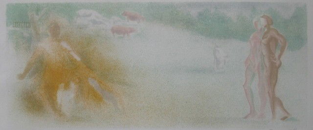 Jacques Villon lithograph: Jacques Villon- "Bucoliques" (Ginestet & Pouillon E560)- lithogrpah in colors, 1942-44, signed in pencil, together with a preliminary lithograph study, also signed in pencil, both very good condition.