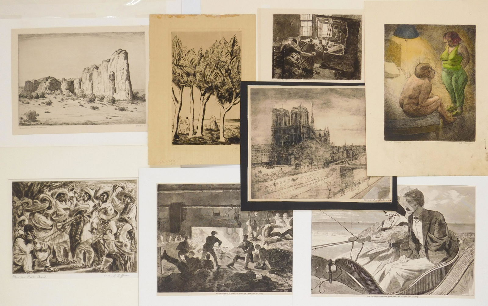 8 Prints: 8 Prints 1 & 2). Harper Weekly's wood engraving; 3). Joseph Hecht- Figures in Landscape- etching; 4). Irwin Hoffman- ''Mexican Folk Band''- etching; 5). A. L. Groll- Inscription Rock New Mexico- etchi