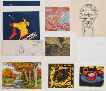 9 Original works of art: 9 Original works of art Kent Day Coes- 1). ''October Lane''- watercolor; and 2). Locomotive- charcoal; 3). M. Bookman- Sketch for Faust- pencil; 4). Rico Lebrun lithograph; 5). M. Greenwood linocut; 6