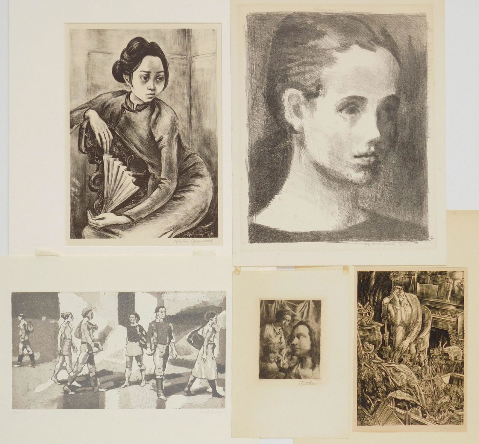 5 Prints: 5 Prints 1). Isabel Bishop- ''Students Outdoors'' (Teller 75); 2). Federico Castellon- ''Trio''; 3). Albert Decaris- ''The Antiquarian''; 4). Marion Greenwood- ''Hong Kong Girl''; and 5). Raphael Soye