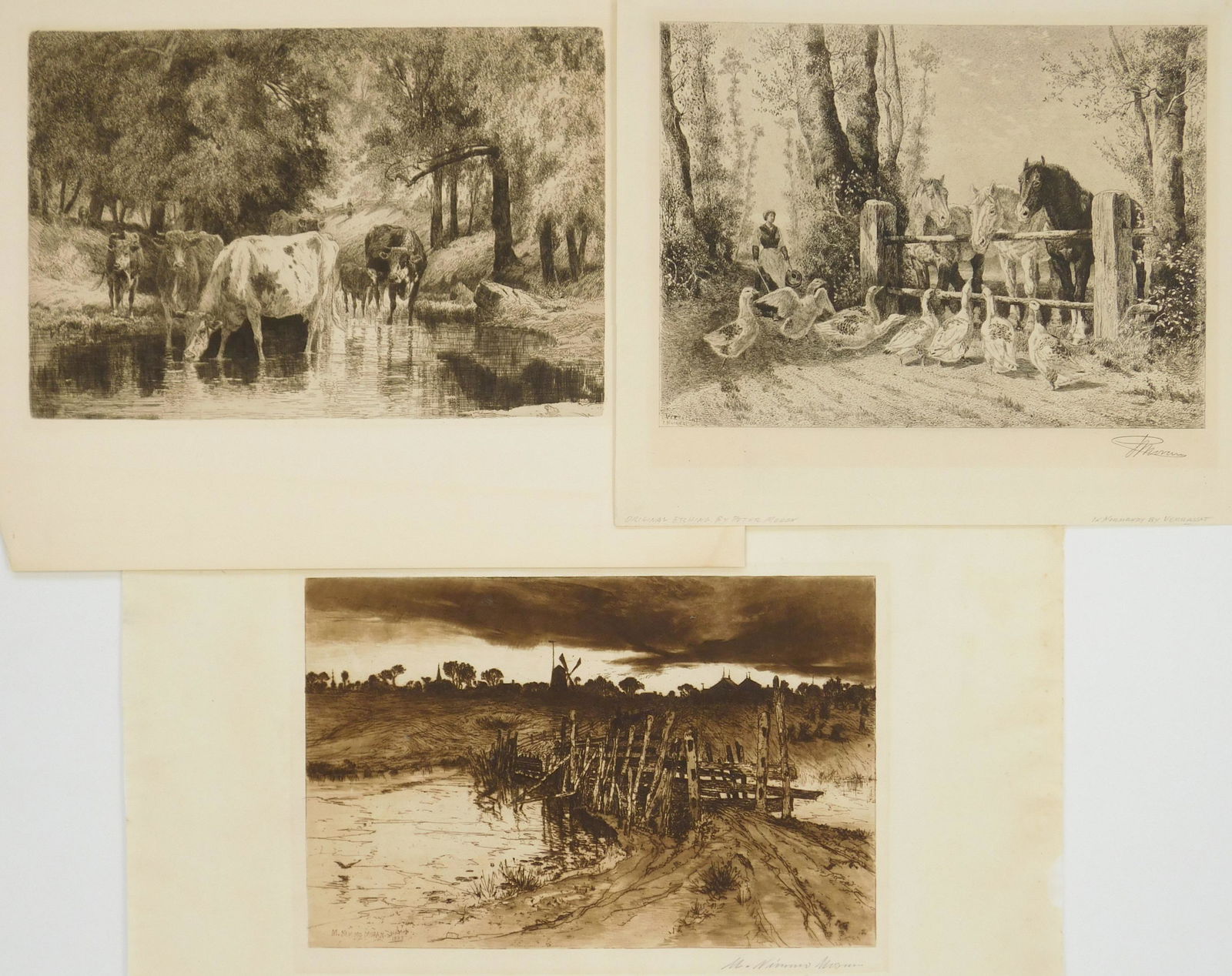 3 Moran etching- 1- Mary; 2 Peter: 3 Moran etchings 1). Mary Moran (American 1842-1889)- ''Tween The Gloaming''- etching, 1883, signed in pencil, some old glue residue in margins. 7 1/2 x 11 1/4'' 2 & 3). Peter Moran (American 1841-191