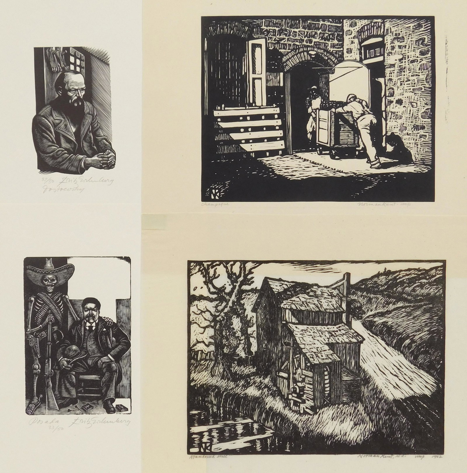 4 Prints: 4 Prints Fritz Erichenberg 1). ''Dostoevsky''- wood engraving, signed, titled and numbered in pencil, edition of 50. 4 x 2 1/2''; and 2). ''Posada''- wood engraving, signed, titled and numbered in pen