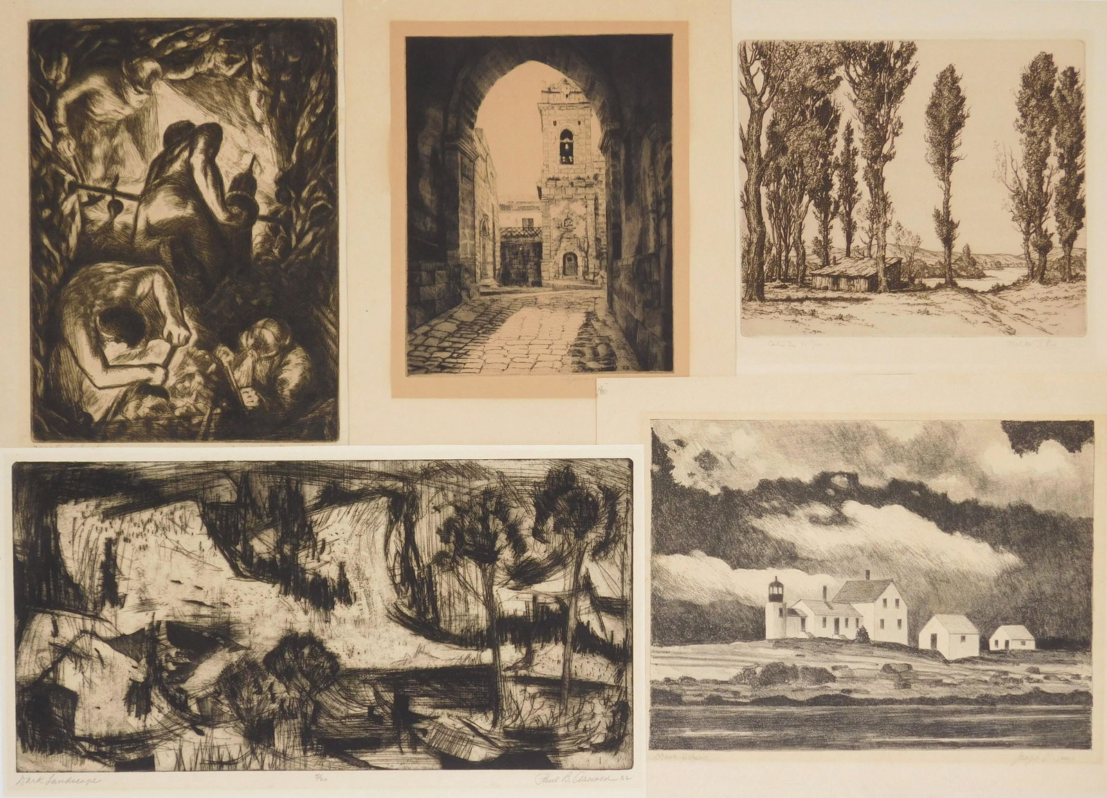 5 Prints: 5 Prints 1). Paul B. Arnold- ''Dark Landscape''- etching, 1952, signed, titled, dated and numbered 5/20 in pencil; 2). Irwin D. Hoffman- ''2000 Foot Level''- etching, signed, titled and numbered 11/10