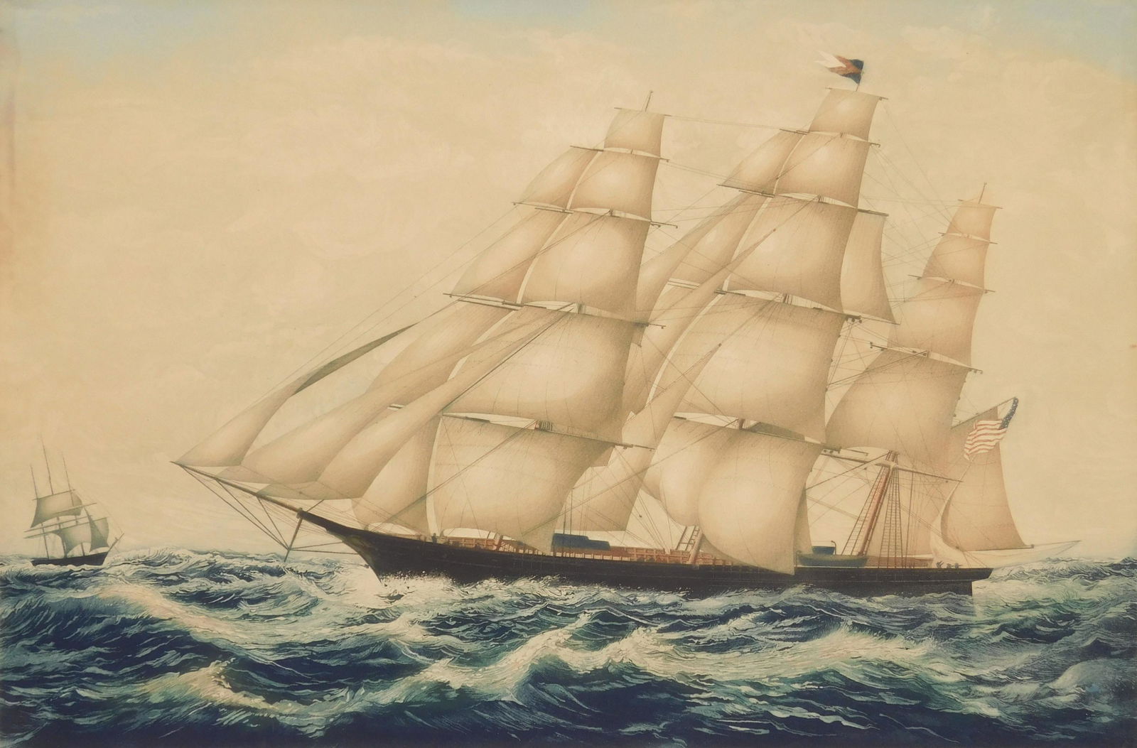 John Taylor Arms aquatint: John Taylor Arms (American 1887-1953) ''American Clipper Ship'' (Fletcher 124)- aquatint in colors, 1922, signed in pencil, edition of, some paper toning otherwise good condition. 11 3/4 x 17 7/8''