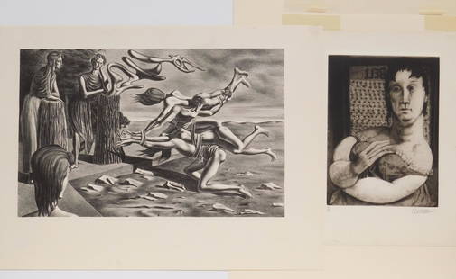 2 Federico Castellon prints: Federico Castellon (Spanish 902-1993) 1). ''The Gordian Knot'' (Freundlich 1)- lithograph, 1936, edition of about 200, published by the American Artist's Group. 8 7/8 x 14''; 2). ''Ring Bell'' (F. 85