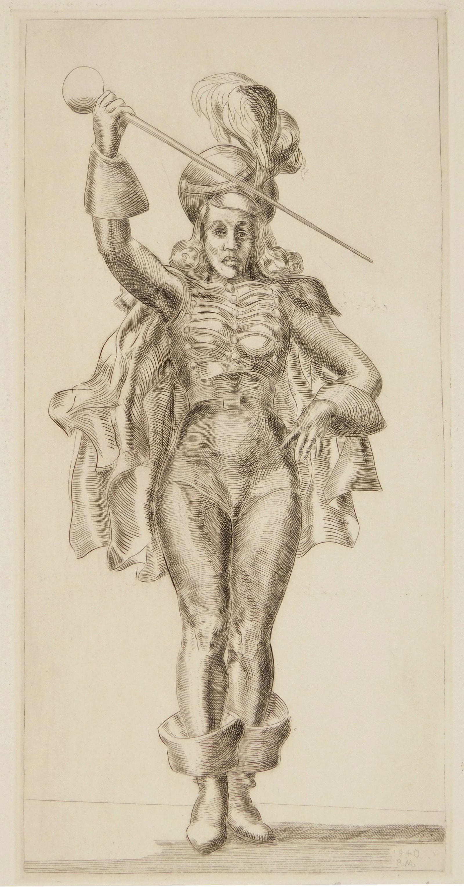 Reginald Marsh engraving: Reginald Marsh (American 1898-1954) ''Drum Majorette'' (Sasowsky 204 iv/iv)- engraving, 1940, signed in pencil, edition of 300. 11 3/8 x 5 5/8''