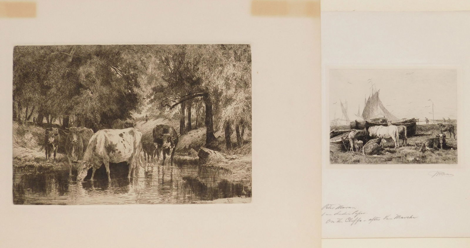 2 Peter Moran etchings: Peter Moran (American 1841-1914) 1). ''The Pool'' (Wright 70)- etching, 1884, signed in pencil. 8 x 12''; 2). ''On The Cliffs'' (W. 87)- etching, 1885-86, signed in pencil. 5 1/8 x 6 7/8''