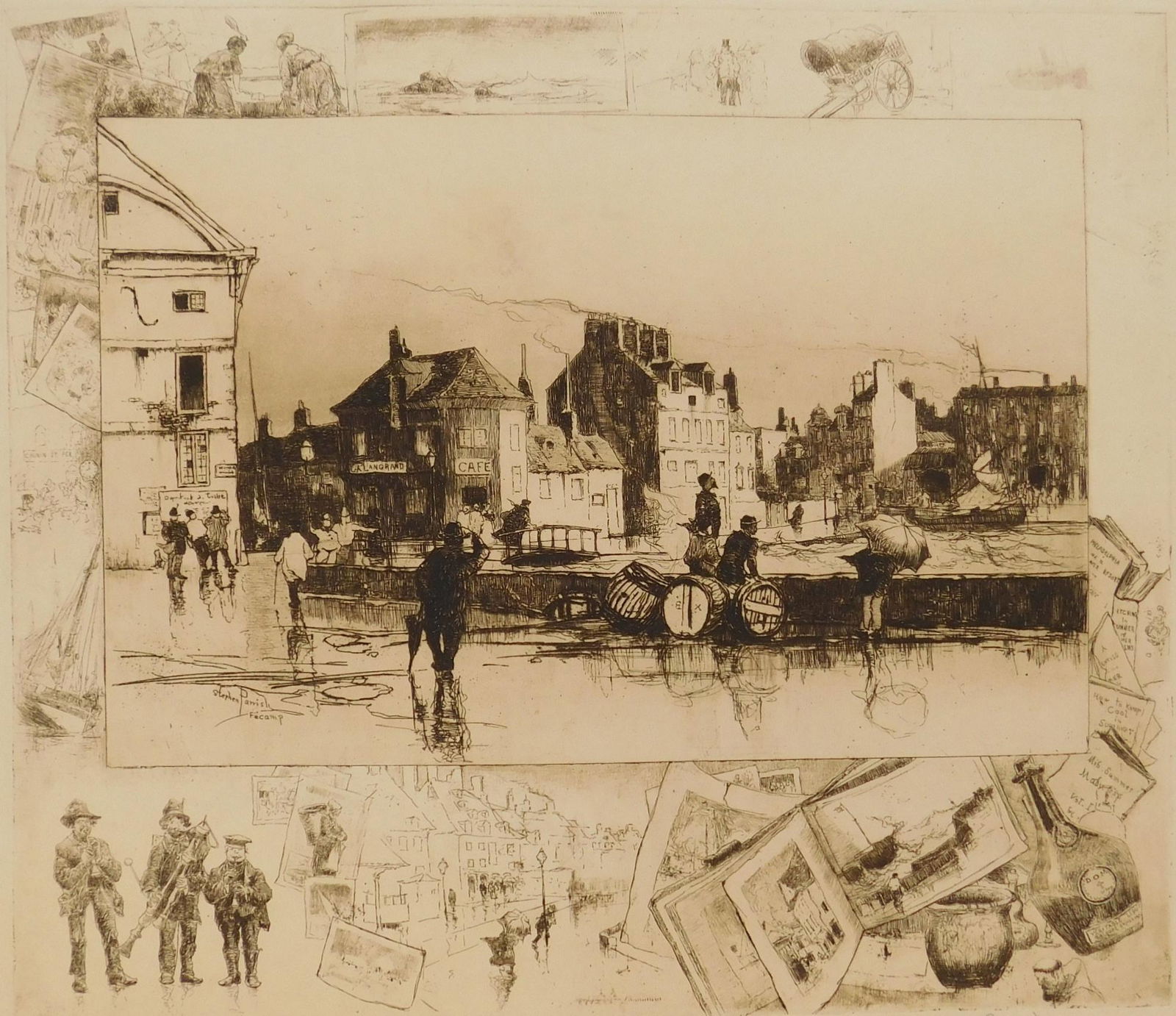 Stephen Parrish etching: Stephen Parrish (American 1836-1948) ''A Gale at Fecamp, Normandie'' (Schneider 117)- etching, 1886, signed in pencil. 13 3/4 x 15 3/4''