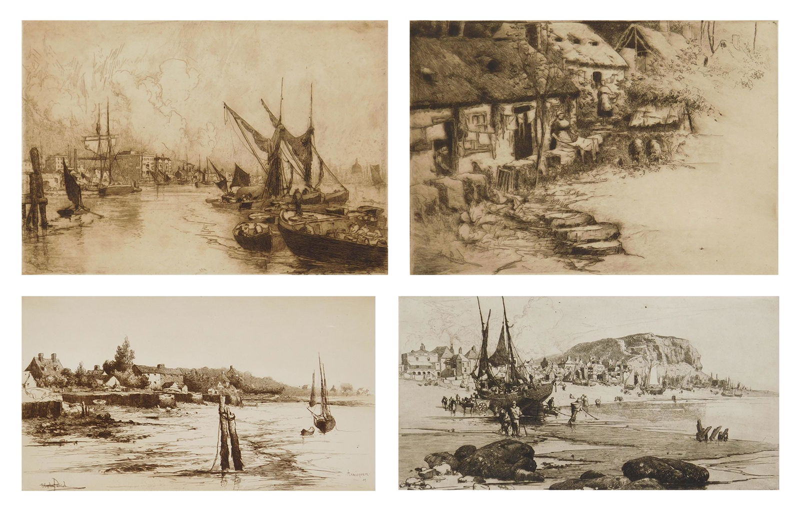 4 Stephen Parrish etchings: Stephen Parrish (American 1836-1948) 1). ''Annisquan'' (Schneider 54)- 1881. 6 1/2 x 11 7/8''; 2). ''On the Thames (S. 110)- 1884. 5 1/2 x 7 7/8''; 3). ''Normandie Cottgae'' (S. 111)- 1884-85, estate