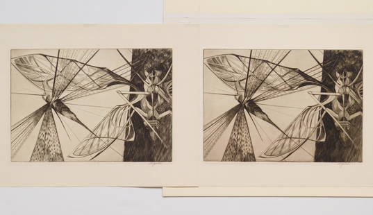 2 Walter Rogalski etchings: Walter Rogalski (American 1923-1996) ''Locust''- engraving, 1954, signed in pencil, edition of 250 plus 10, The Print Club of Cleveland publication no. 32, Print Club stamp in black verso (Lugt