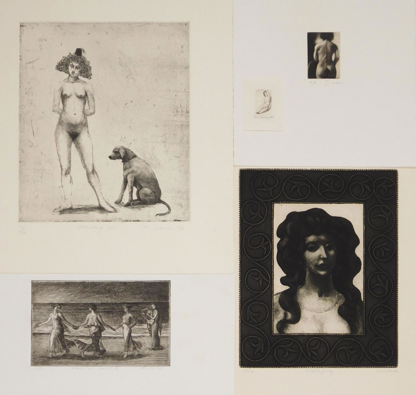 5 Contemporary prints: 5 Contemporary prints 1). David Bumbeck- ''Etira''- etching; 2). Basiste- ''Graces and Harpist II''- etching; 3). Morris Henry Hobbs- Nude- etching; 4). Saladino- Nude- mezzotint; 5). M. Walker- ''Ima