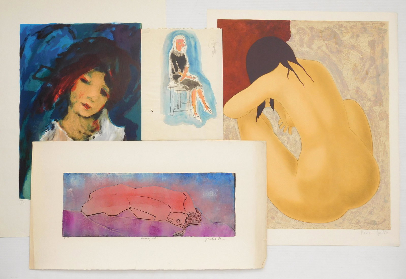 4 Works on paper of female figures: 4 Works on paper of female figures 1). Jon Barton- ''Reclining Nude''- woodcut in colors, signed, titled and annotated A.P. in pencil, approx. 1'' tear bottom margin, not affecting image. 7 x 19''; 2)
