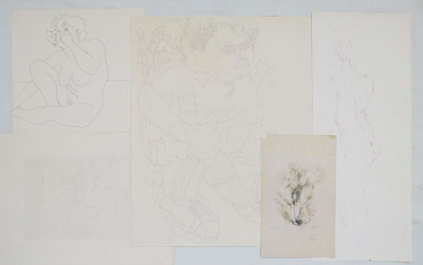 5 Works on Paper: 5 Works on paper 1). Philip Evergood- ''Adam and Eve''- pen and ink and wash on paper, 1924, signed and dated in pencil. 12 3/4 x 8'' (sheet); 2). Jack Levine- Untitled- etching, signed and numbered 7