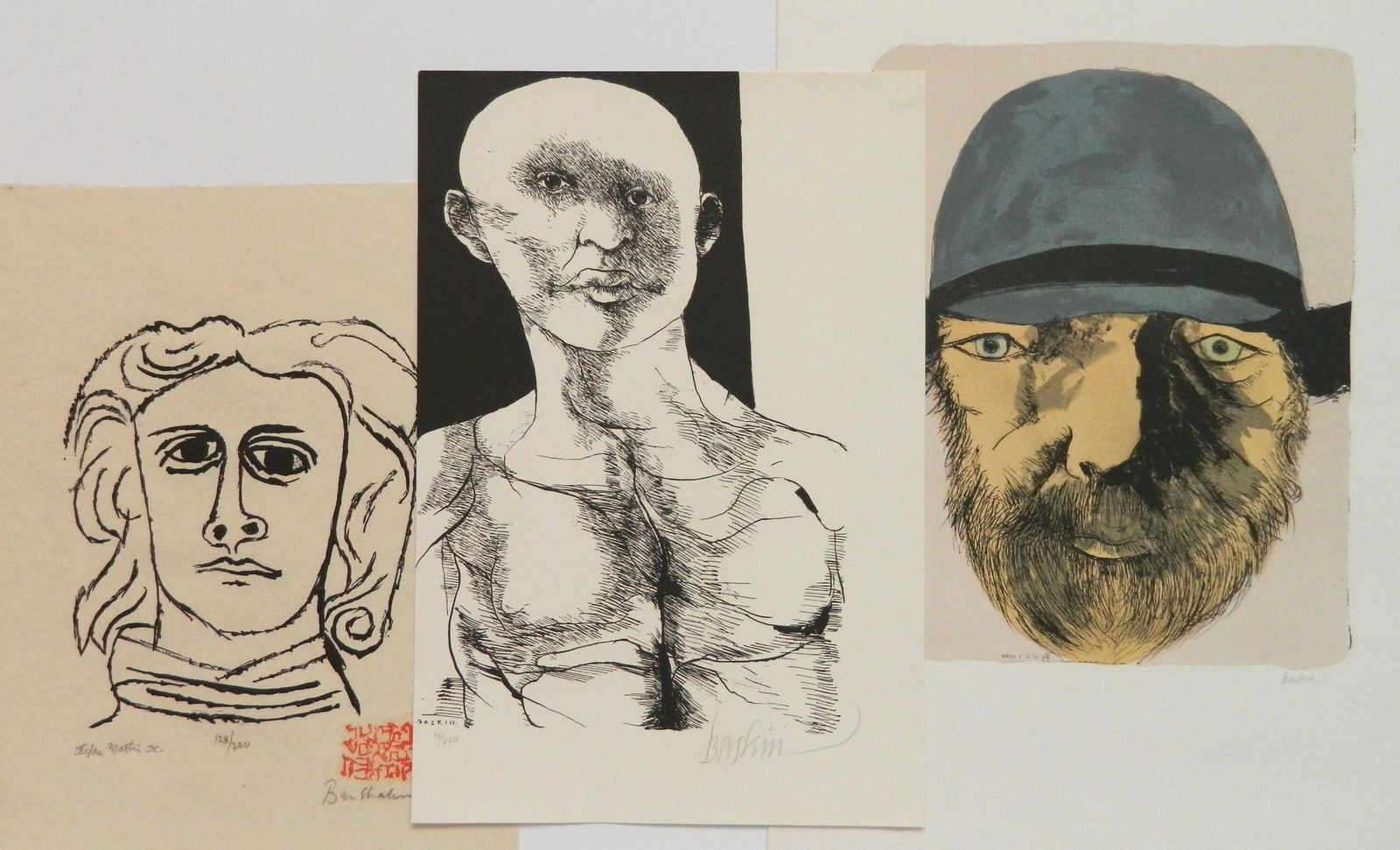 2 Baskin lithograph & 1 Shahn wood engraving: Leonard Baskin (American 1922-2000) ''Dagoo'' (Fern & O'Sullivan 572)- lithograph 1970, signed and numbered 14/200, from the suite 'Moby Dick'. 17 x 11 1/2''; 2). ''Self-Portrait at 59''- (F. & 687)-