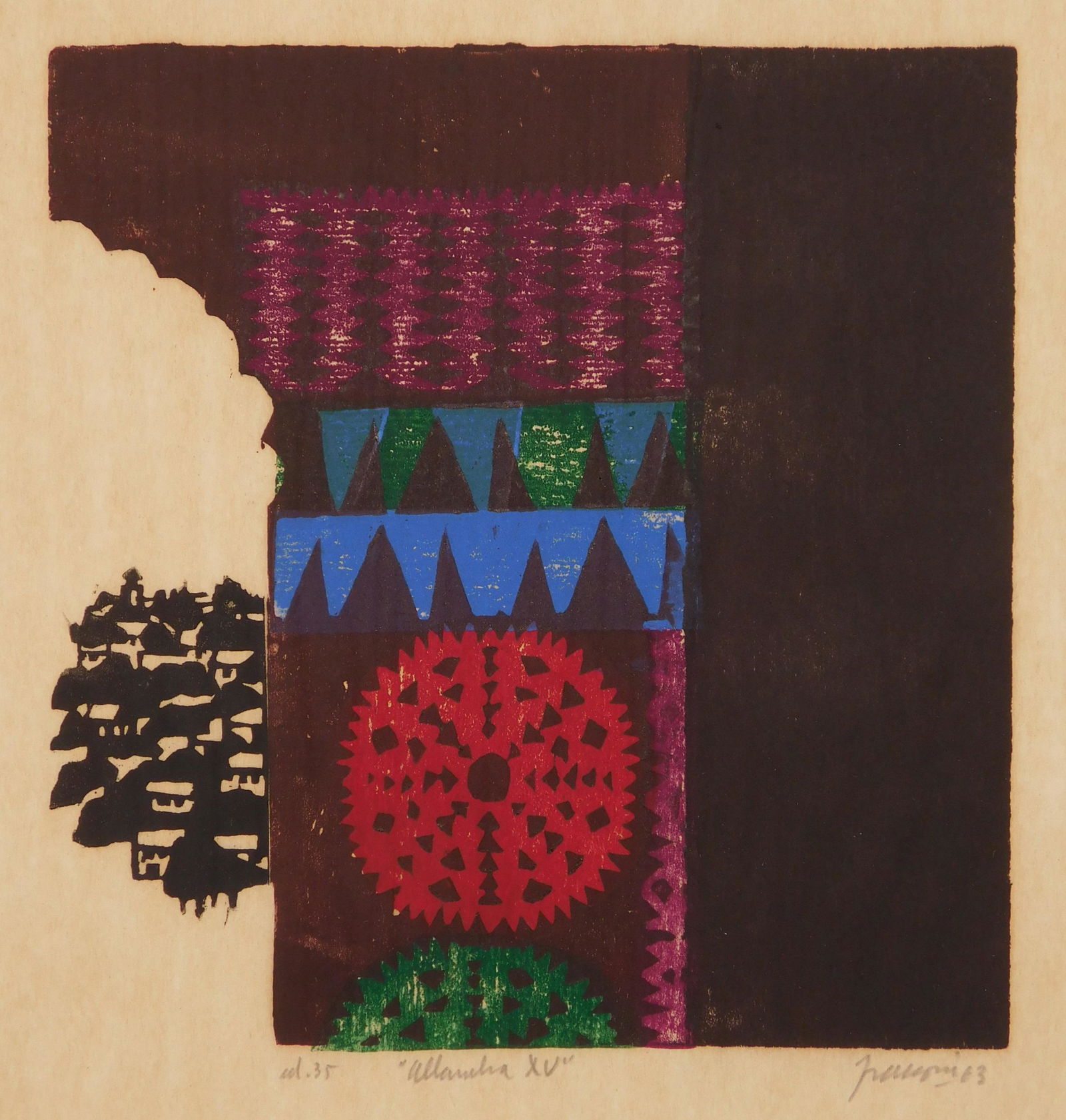 Antonio Frasconi woodcut: Antonio Frasconi (American 1919-2013) ''Alhambra XV''- woodcut in colors, 1963, signed, titled, dated and annotated 'ed. 35'. 7 x 6 3/4''
