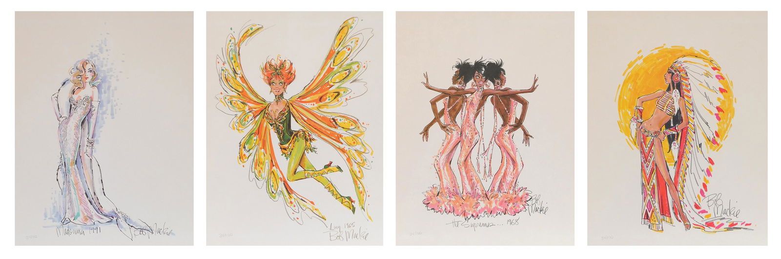 4 Bob Mackie off-set prints: after Bob Mackie (American 1939- ) ''Lucy; ''Cher''; ''Madonna'' & ''The Supremes''- 4 lithographs in colors, each numbered 30/100 in pencil, very good condition. 22 x 17'' (sheet)