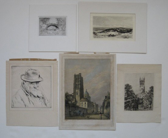 5 Prints: 5 Prints- 1.) Joseph Margulies- ''Homeless Philosopher''- signed in pencil; 2.) after Elihu Vedder- Sea Serpent; 3.) Arnout- Vue De La Tour St. Genevieve Est Du Pantheon; 4.) Unknown- Bridge; 5.) Unkn