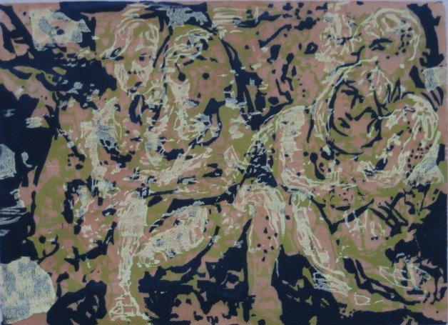 Ross Abrams lithograph: Ross Abrams- Boys and Girls III- lithograph in colors, 1967, signed, titled, dated and numbered 20/50 in pencil, severely light struck, repaired tear in center of image, foxing in margins. 15 1/2 x 21
