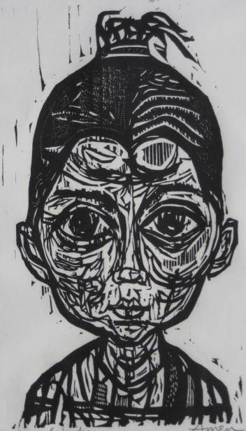 Irving Amen woodcut: Irving Amen- ''Eyes of Wonder''- woodcut, 1959, signed, titled and numbered 74/200 in pencil, published by AAA, very slightly light struck, otherwise very good condition. 16 1/2 x 10''