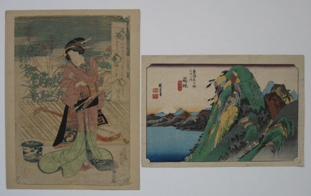 Hiroshige Ando woodblock: Hiroshige Ando- ''Hakone''- woodblock in colors, from series 'Fifty-Three Stations of Tokaido', Hoeido publisher's stamp; together with a woodblock in colors, possibly by Kunimaru Utagawa, of Woman an