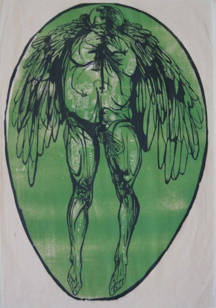 Leonard Baskin woodcut: Leonard Baskin- ''Icarus'' (F. & O. 500)- woodcut in two colors, 1967, signed, titled and numbered 69/100 in pencil, slightly light struck, some age toning. 32 x 21''