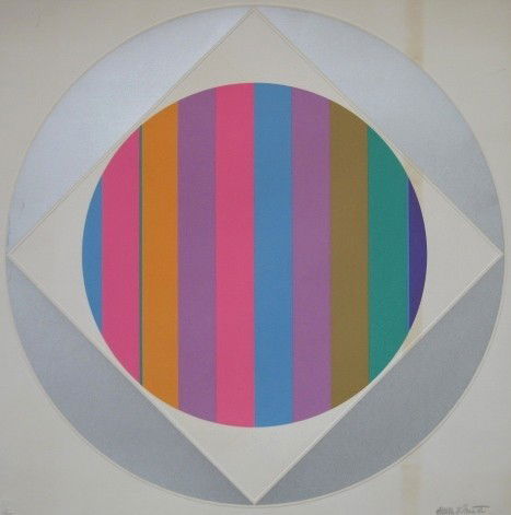 Fletcher Benton silkscreen: Fletcher Benton- Untitled- silkscreen in colors, signed and numbered 34/100 in pencil, some scuffs in image, staining. 26''dia