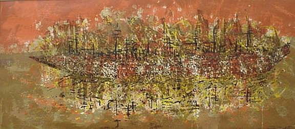 Dorothy Bowman silkscreen: Dorothy Bowman- ''Dream Ships''- silkscreen in colors, 1965, signed, dated and titled in pencil, tear along right margin, goes slightly into image. 15 3/4 x 35 1/2''