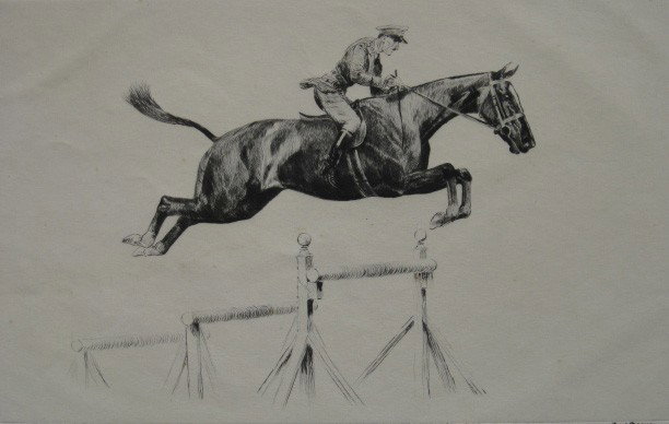Paul D. Brown etching: Paul D. Brown- Man Taking A Jump- etching, signed in pen, very good condition. 6 7/8 x 11''