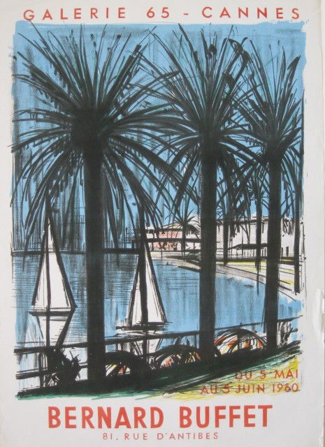 after Bernard Buffet lithographic poster: after Bernard Buffet- ''Galerie 65 - Cannes''- lithographic poster in colors, 1960, minor handling creases throughout, tears at edges and upper right corner. 33 1/2 x 22 1/2'' (sheet)