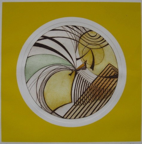 Patricia Jean Burg etching: Patricia Jean Burg- ''Vertigo I''- etching in colors, signed, titled and numbered 28/90 in pencil. 18 x 18''