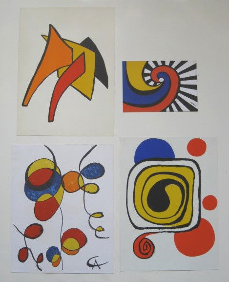 after Alexander Calder 4 lithographs: after Alexander Calder- 4 lithographs in colors, 3 from 'Derriere Le Miroir', 1 mailer from Jacques Damasc Gallery, good condition, various sizes.