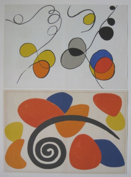after Alexander Calder 2 lithographs: after Alexander Calder- Untitled- 2 lithographs in colors, as published in Derriere Le Miroir, 1 light struck and masking tape glue residue verso. 15 x 22''ea.